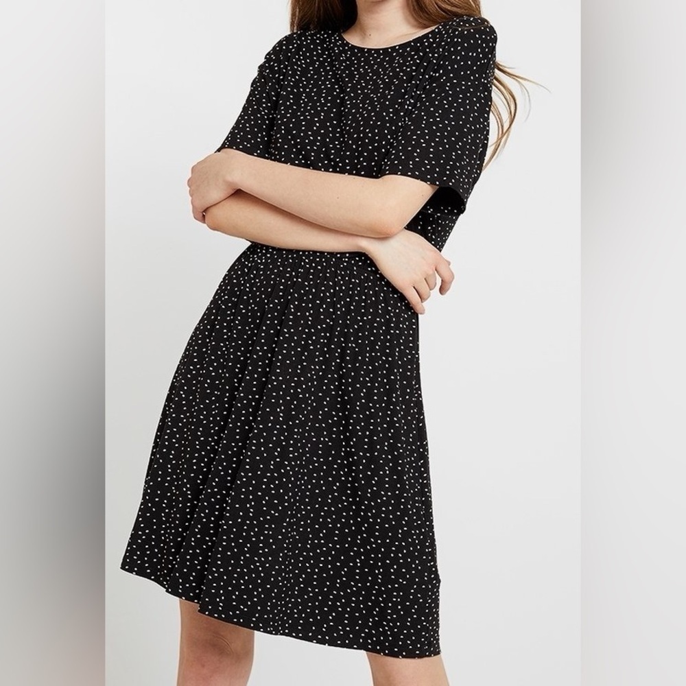 ICHI Ihlisa DR6 Jersey Mini Dress Black Polka Dot Size Large Stretch EUC - Picture 2 of 10